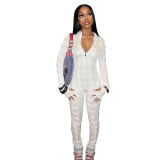 K24JP329 casual style knitted zipper long sleeved round neck jumpsuit