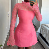 WQ24047 lace patchwork high neck long sleeved dress for women