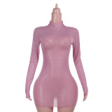 XY24383 slim fit half high neck mesh dress for women