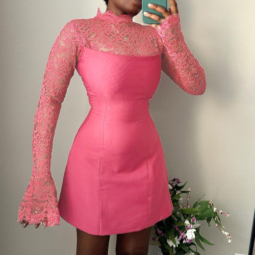 WQ24047 lace patchwork high neck long sleeved dress for women
