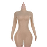 XY24383 slim fit half high neck mesh dress for women