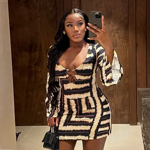A628DS round neck long sleeved striped printed slim fit short women's dress