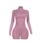 XY24383 slim fit half high neck mesh dress for women