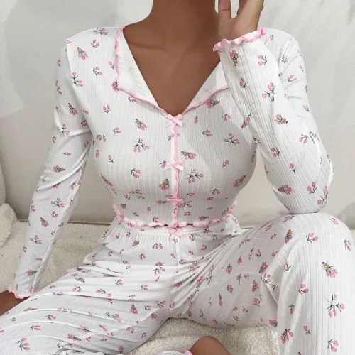 Long sleeved pajamas, women can wear long pants, two-piece set