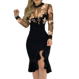 Embroidered bead mesh ruffle edge dress long sleeved long skirt