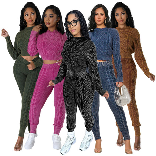 HR23111   Water washed vintage style knitting diamond Fried Dough Twists pullover sweater suit