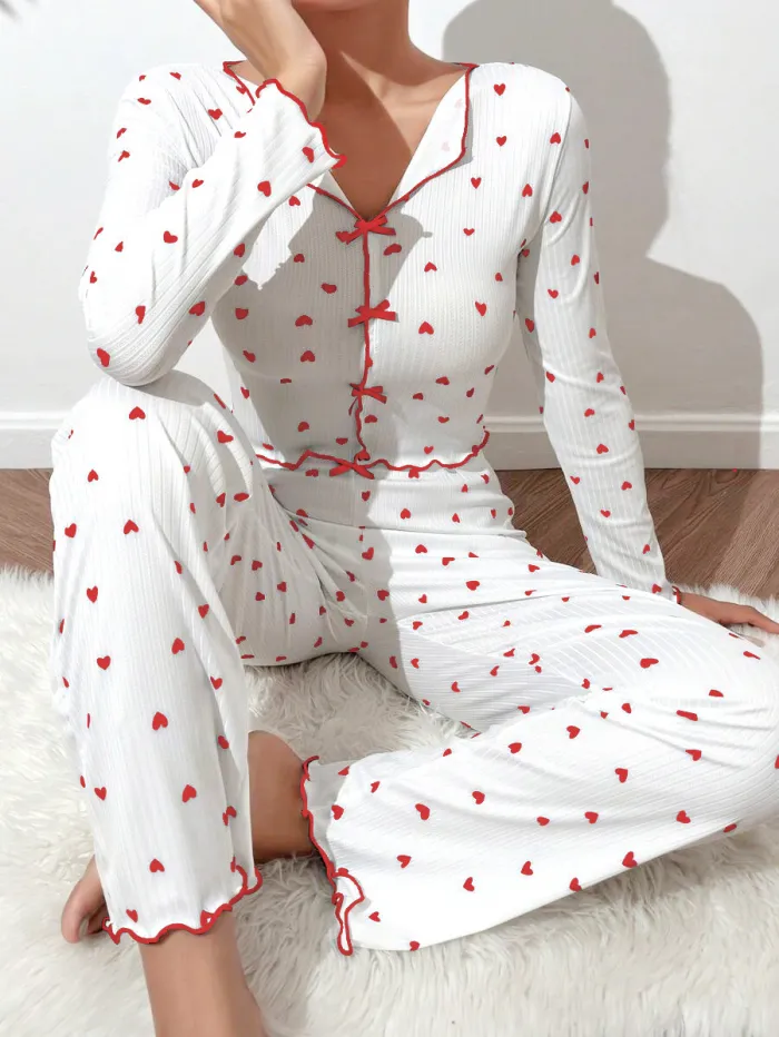 Home Clothes Love Printed Long Sleeve Collar Pajama Pants Two Piece Set