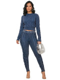 HR23111   Water washed vintage style knitting diamond Fried Dough Twists pullover sweater suit