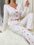 Love V-neck long sleeved pajamas and pants two-piece set