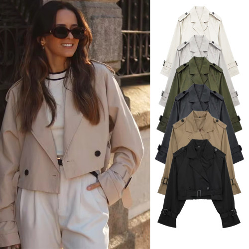 Long sleeved short casual solid color trench coat