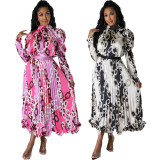 A8046 Autumn Fashion Printed Skirt Fold Long Sleeve Dress