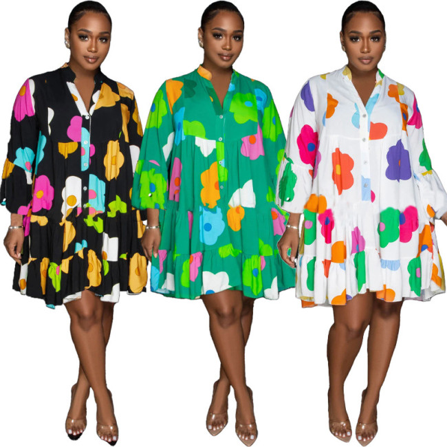 A8019 painted printed V-neck long sleeved half length dress with large swing