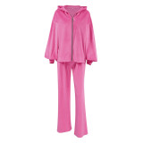 Velvet set zipper long sleeved sports style hooded sweatshirt casual set