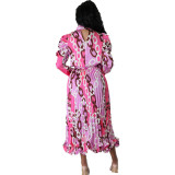 A8046 Autumn Fashion Printed Skirt Fold Long Sleeve Dress