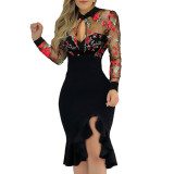 Embroidered bead mesh ruffle edge dress long sleeved long skirt