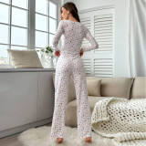 Long sleeved V-neck pajamas, small floral long pants, home wear set for women