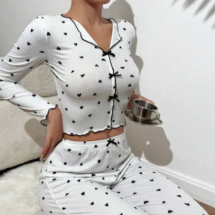 Home Clothes Love Printed Long Sleeve Collar Pajama Pants Two Piece Set