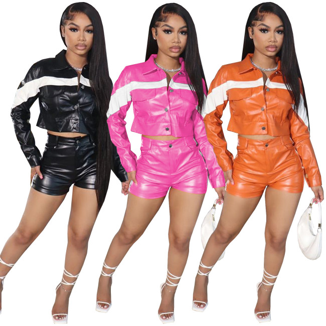 HR23033 leather contrasting buckle lapel workwear two-piece set