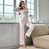 Long sleeved V-neck pajamas, small floral long pants, home wear set for women