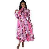 A8046 Autumn Fashion Printed Skirt Fold Long Sleeve Dress