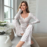 Long sleeved V-neck pajamas, small floral long pants, home wear set for women