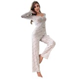 Long sleeved V-neck pajamas, small floral long pants, home wear set for women