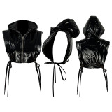 HR8238 shiny leather side opening sleeveless strap hooded vest cotton jacket