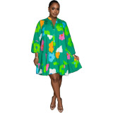 A8019 painted printed V-neck long sleeved half length dress with large swing