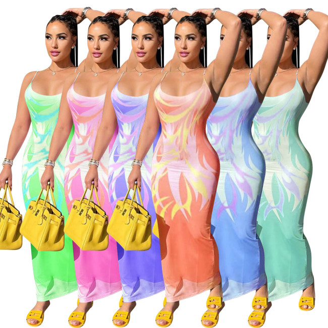 FE238 women's sexy suspender temperament printed dress