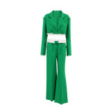Christmas green sexy buttonless cropped short top and wide leg pants set