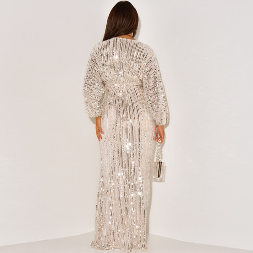 M7995 formal dress, sequined long sleeved V-neck sexy sequin long skirt