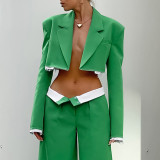 Christmas green sexy buttonless cropped short top and wide leg pants set
