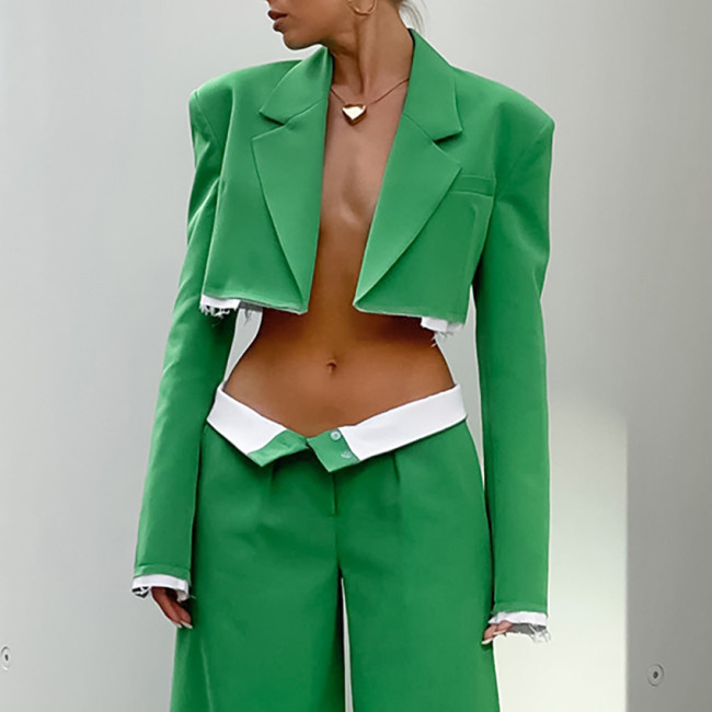 Christmas green sexy buttonless cropped short top and wide leg pants set