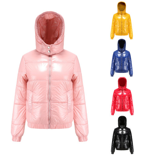 Hooded cotton jacket with film coating and splash proof outer layer, long sleeved shiny cotton jacket