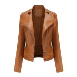 Nail pearl leather jacket, women's long sleeved jacket, thin collar, spring and autumn style