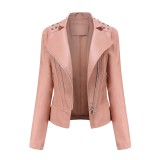 Nail pearl leather jacket, women's long sleeved jacket, thin collar, spring and autumn style