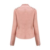 Nail pearl leather jacket, women's long sleeved jacket, thin collar, spring and autumn style