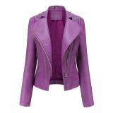 Nail pearl leather jacket, women's long sleeved jacket, thin collar, spring and autumn style