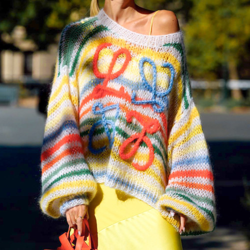 Colorful striped contrasting sweater women's loose pullover knitted sweater