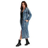 5527 # Women's ripped long sleeved denim trench coat, cardigan, denim cape