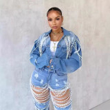 Denim jacket women's fashion pearl chain handmade nail bead denim jacket