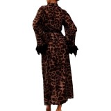 Leopard print long sleeved high waisted slit dress V-neck