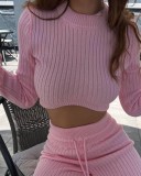 Knitted set women's round neck crop top, flared lace up pants two-piece set