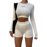 JY22411 Knitted Round Neck Long Sleeve Three Part Shorts Two Piece Set for Women
