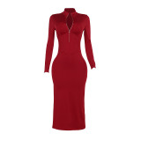 YJ24390 zipper temperament segmentation splicing slim long sleeved dress for women