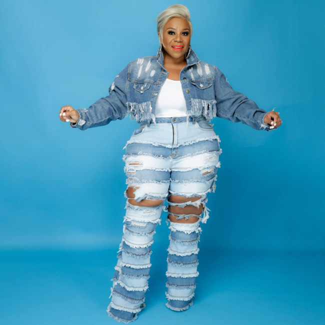 Jacket for foreign trade plus size women's clothing with ripped tassels, washed long sleeved denim jacket