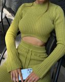 Knitted set women's round neck crop top, flared lace up pants two-piece set