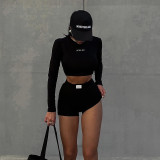 JY22411 Knitted Round Neck Long Sleeve Three Part Shorts Two Piece Set for Women