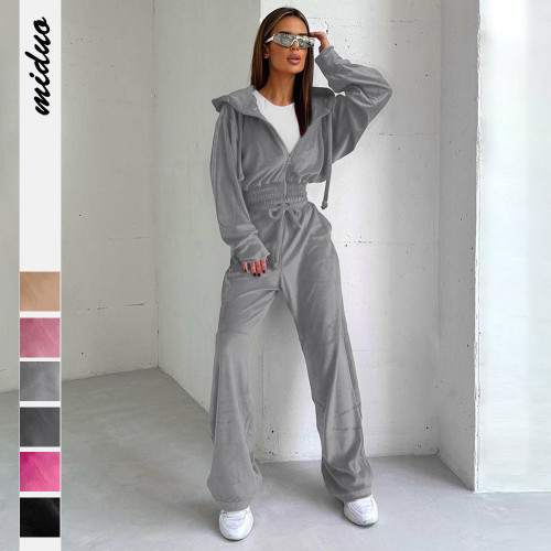 Hooded casual zipper sports suit suede jacket long pants two-piece set