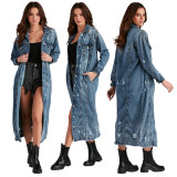 5527 # Women's ripped long sleeved denim trench coat, cardigan, denim cape